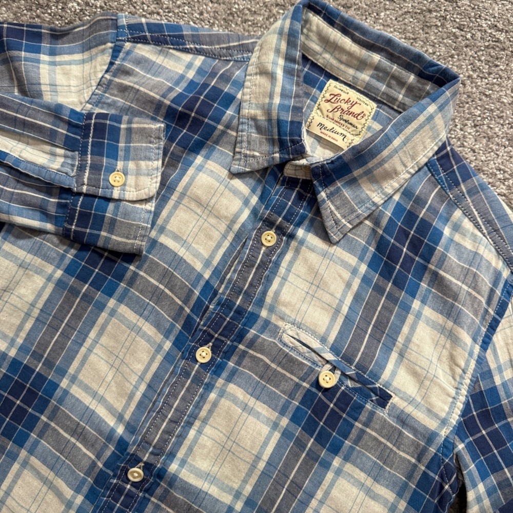 Lucky Brand Shirt Boys Medium Blue White Plaid 100% Cotton Western Casual Rodeo